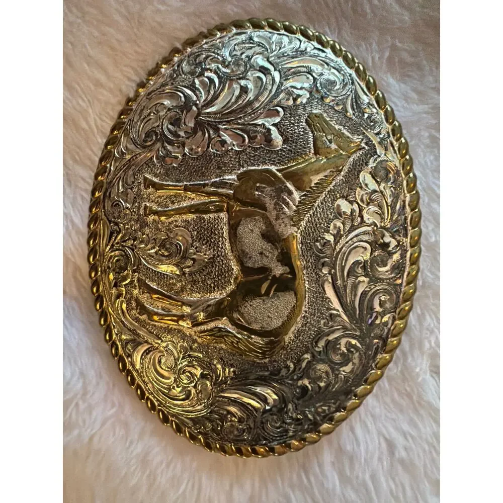 Vintage Crumrine Mfg USA Deer Western Belt Buckle Gold Silver Tone Oval Buck